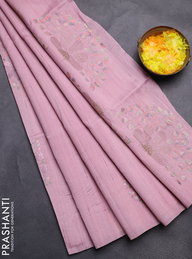 Semi raw silk saree pastel pink with embroidery buttas in borderless style