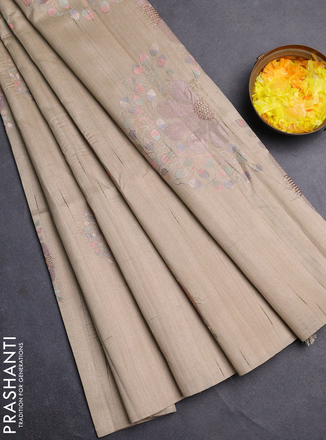 Semi raw silk saree beige with embroidery buttas in borderless style