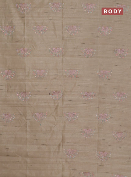 Semi raw silk saree beige with embroidery buttas in borderless style