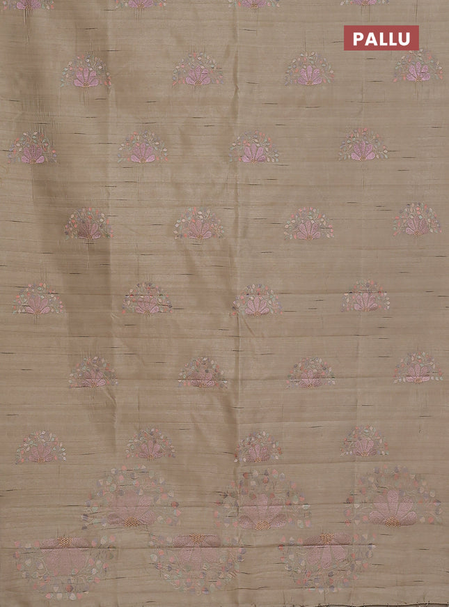 Semi raw silk saree beige with embroidery buttas in borderless style