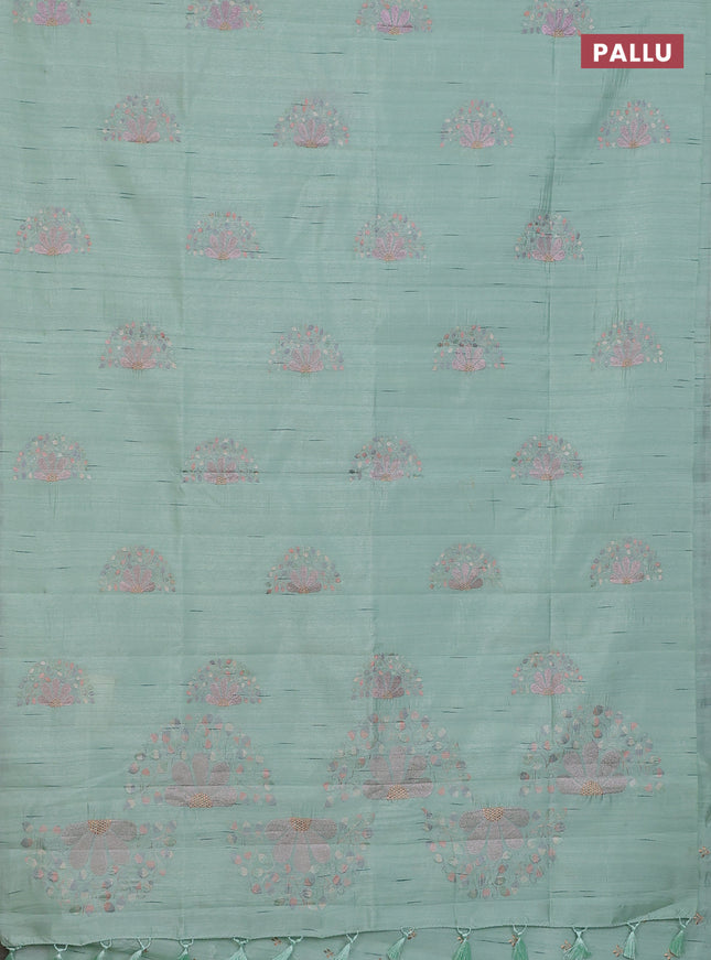 Semi raw silk saree teal green shade with embroidery buttas in borderless style