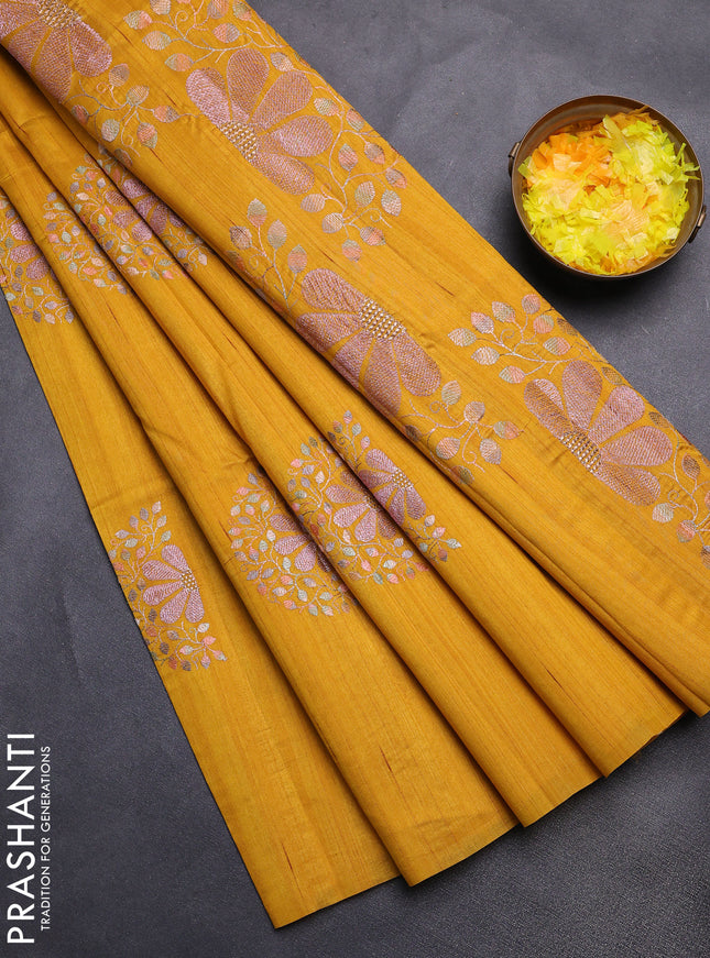 Semi raw silk saree mustard yellow with embroidery buttas in borderless style