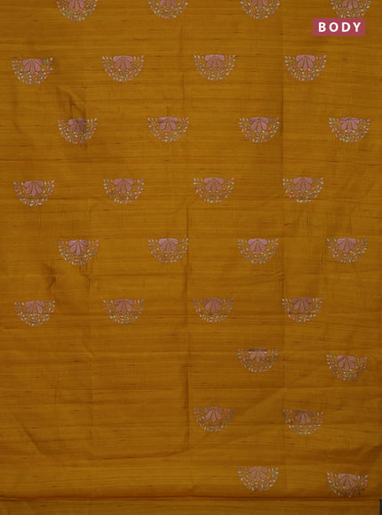 Semi raw silk saree mustard yellow with embroidery buttas in borderless style