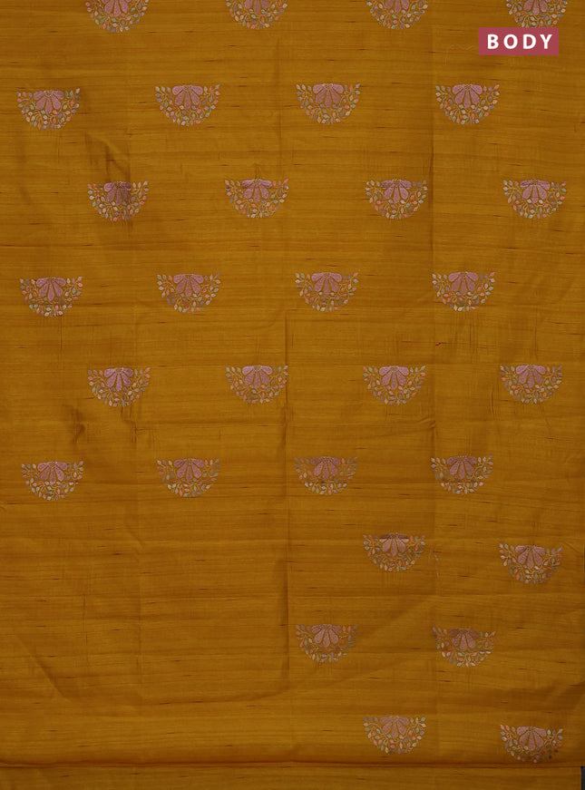 Semi raw silk saree mustard yellow with embroidery buttas in borderless style