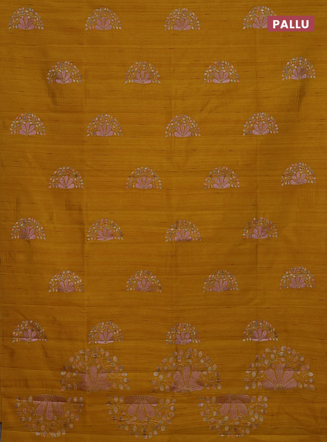 Semi raw silk saree mustard yellow with embroidery buttas in borderless style