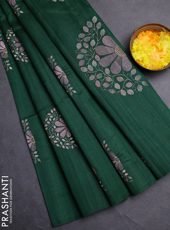 Semi raw silk saree green with embroidery buttas in borderless style