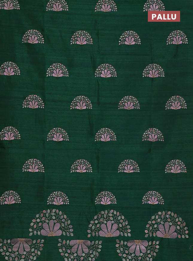 Semi raw silk saree green with embroidery buttas in borderless style