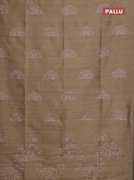 Semi raw silk saree beige with embroidery buttas in borderless style