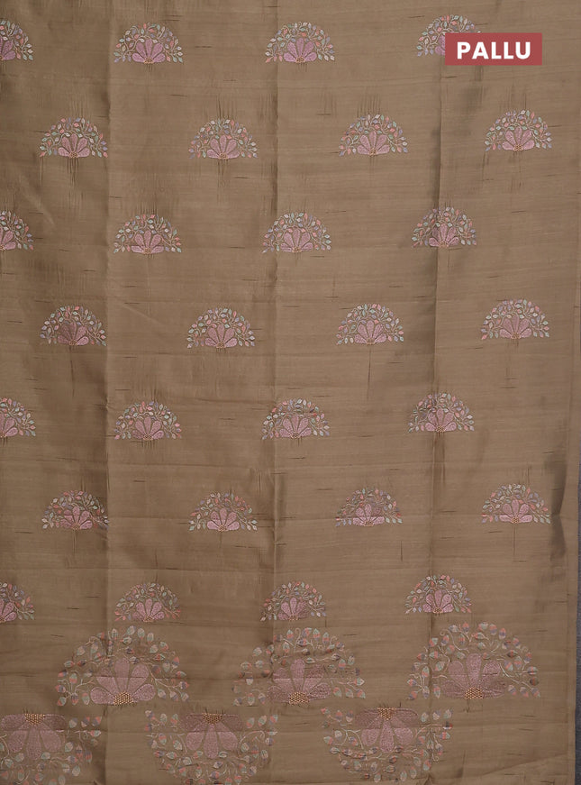 Semi raw silk saree beige with embroidery buttas in borderless style