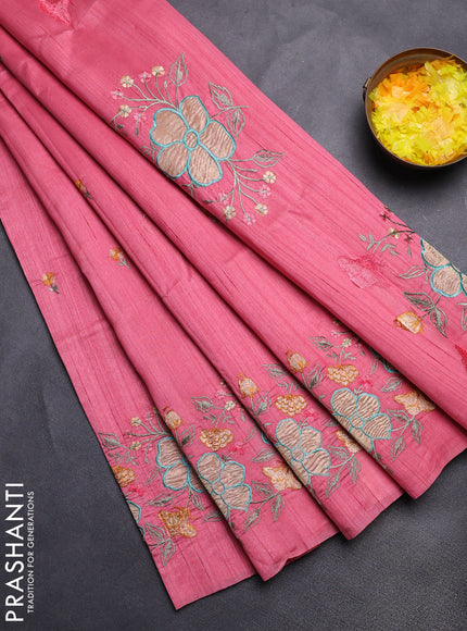 Semi raw silk saree peach pink with embroidery buttas and floral embroidery border