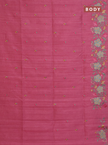Semi raw silk saree peach pink with embroidery buttas and floral embroidery border