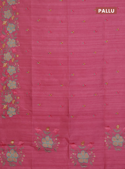 Semi raw silk saree peach pink with embroidery buttas and floral embroidery border