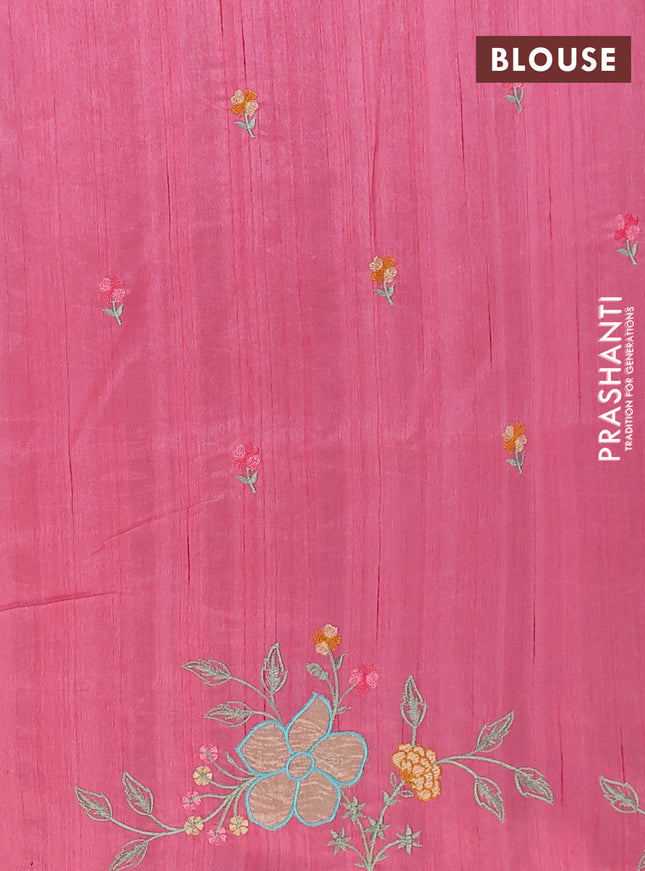 Semi raw silk saree peach pink with embroidery buttas and floral embroidery border