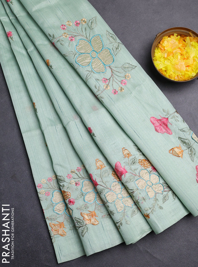 Semi raw silk saree pastel green with embroidery buttas and floral embroidery border