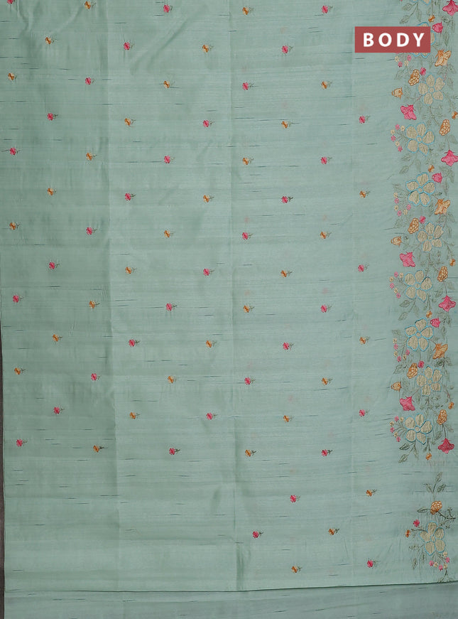 Semi raw silk saree pastel green with embroidery buttas and floral embroidery border