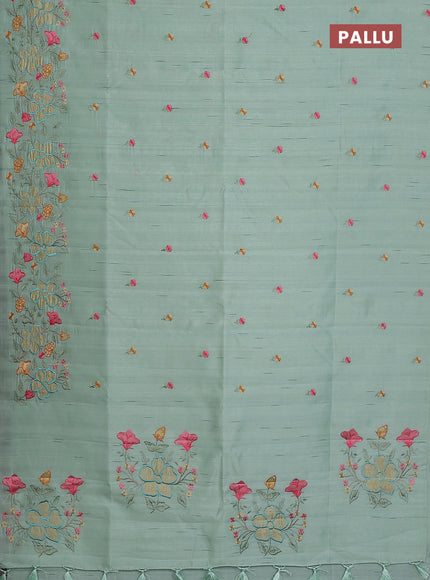 Semi raw silk saree pastel green with embroidery buttas and floral embroidery border