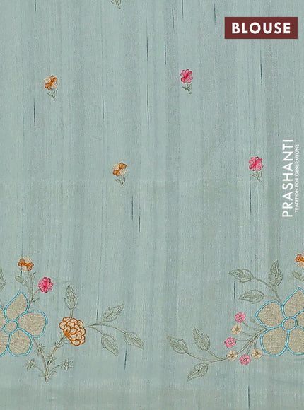 Semi raw silk saree pastel green with embroidery buttas and floral embroidery border