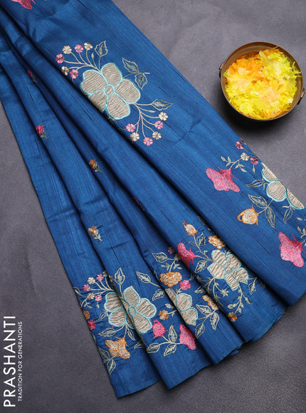 Semi raw silk saree peacock blue with embroidery buttas and floral embroidery border