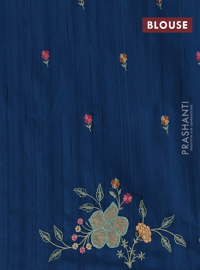 Semi raw silk saree peacock blue with embroidery buttas and floral embroidery border
