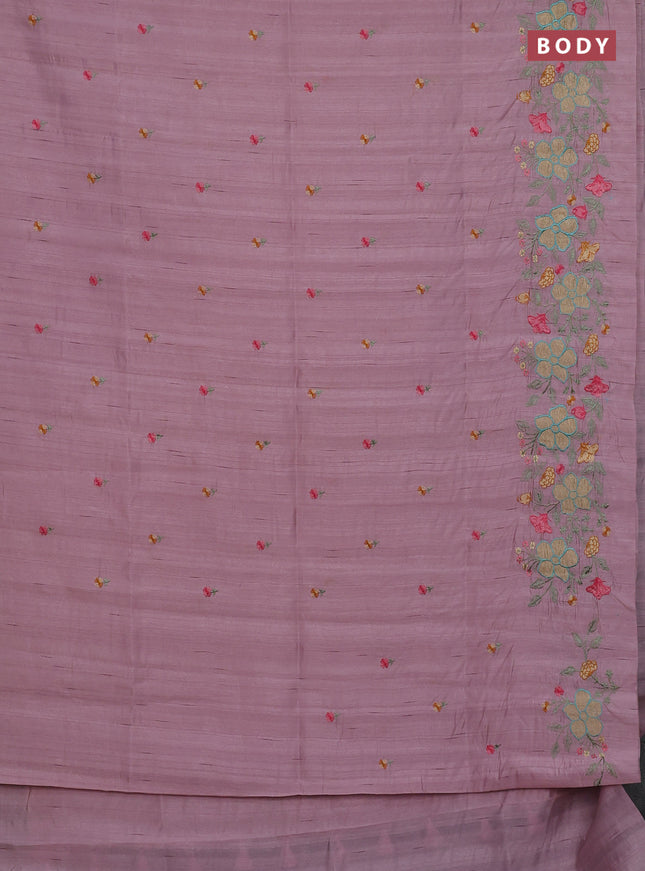 Semi raw silk saree pastel pink with embroidery buttas and floral embroidery border