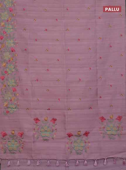 Semi raw silk saree pastel pink with embroidery buttas and floral embroidery border