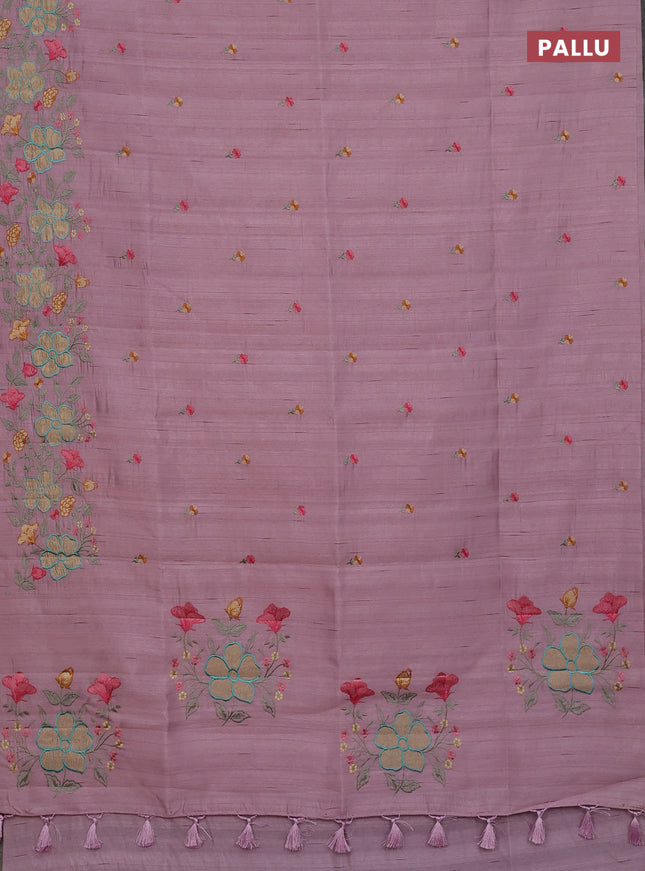 Semi raw silk saree pastel pink with embroidery buttas and floral embroidery border