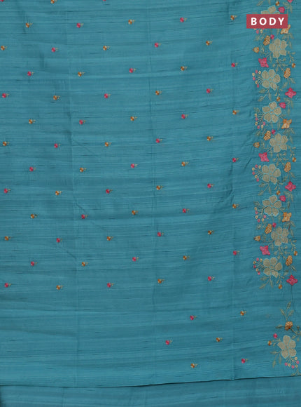 Semi raw silk saree teal blue with embroidery buttas and floral embroidery border