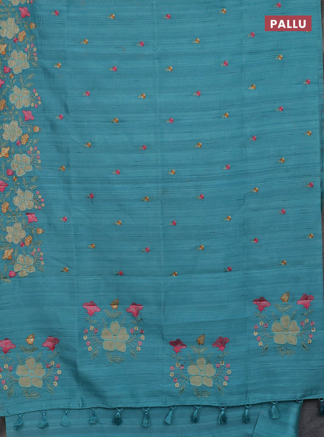 Semi raw silk saree teal blue with embroidery buttas and floral embroidery border