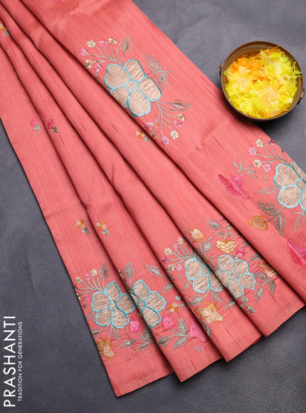 Semi raw silk saree dark peach with embroidery buttas and floral embroidery border