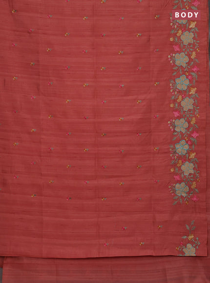 Semi raw silk saree dark peach with embroidery buttas and floral embroidery border