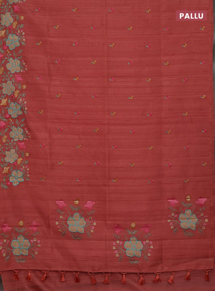 Semi raw silk saree dark peach with embroidery buttas and floral embroidery border