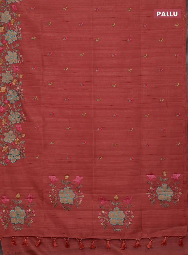 Semi raw silk saree dark peach with embroidery buttas and floral embroidery border