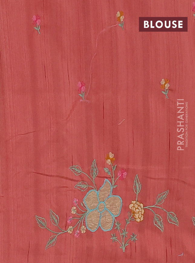 Semi raw silk saree dark peach with embroidery buttas and floral embroidery border