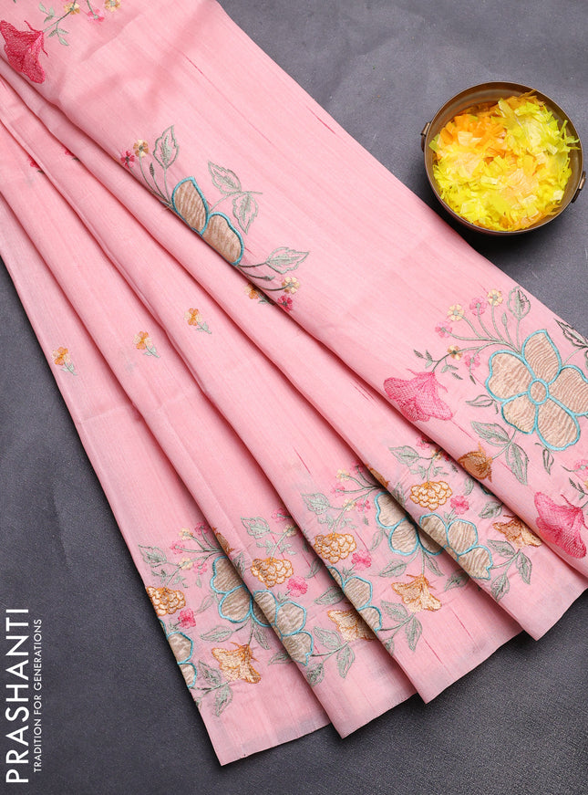 Semi raw silk saree mild peach with embroidery buttas and floral embroidery border