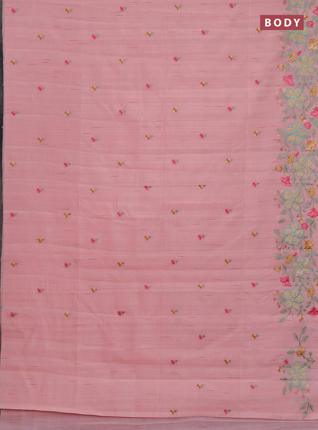 Semi raw silk saree mild peach with embroidery buttas and floral embroidery border