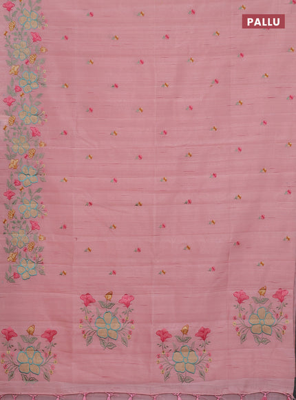 Semi raw silk saree mild peach with embroidery buttas and floral embroidery border