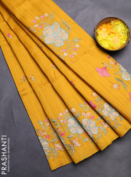Semi raw silk saree mustard yellow with embroidery buttas and floral embroidery border