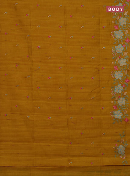 Semi raw silk saree mustard yellow with embroidery buttas and floral embroidery border