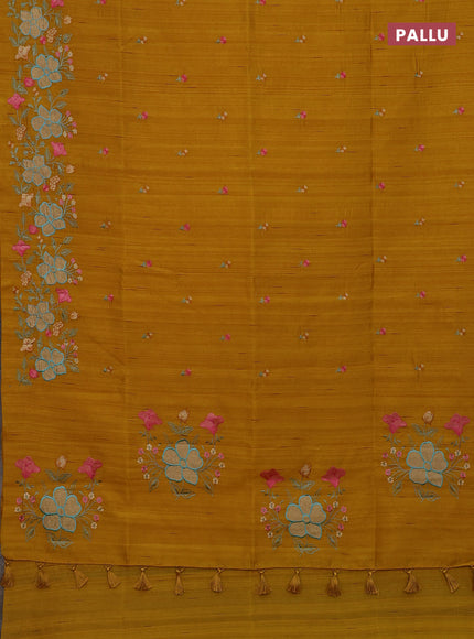 Semi raw silk saree mustard yellow with embroidery buttas and floral embroidery border