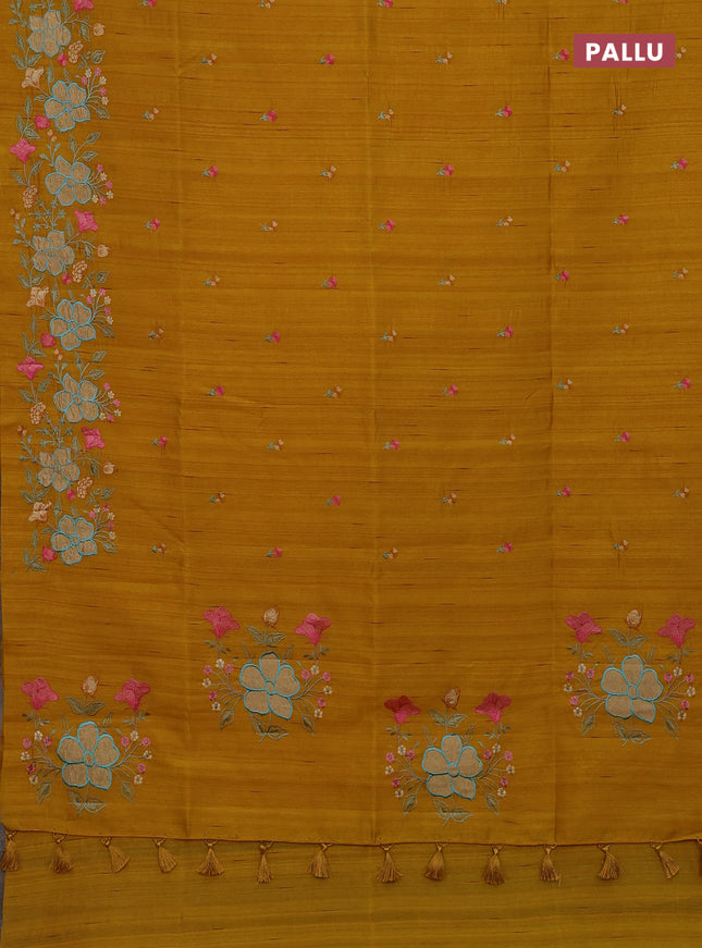 Semi raw silk saree mustard yellow with embroidery buttas and floral embroidery border