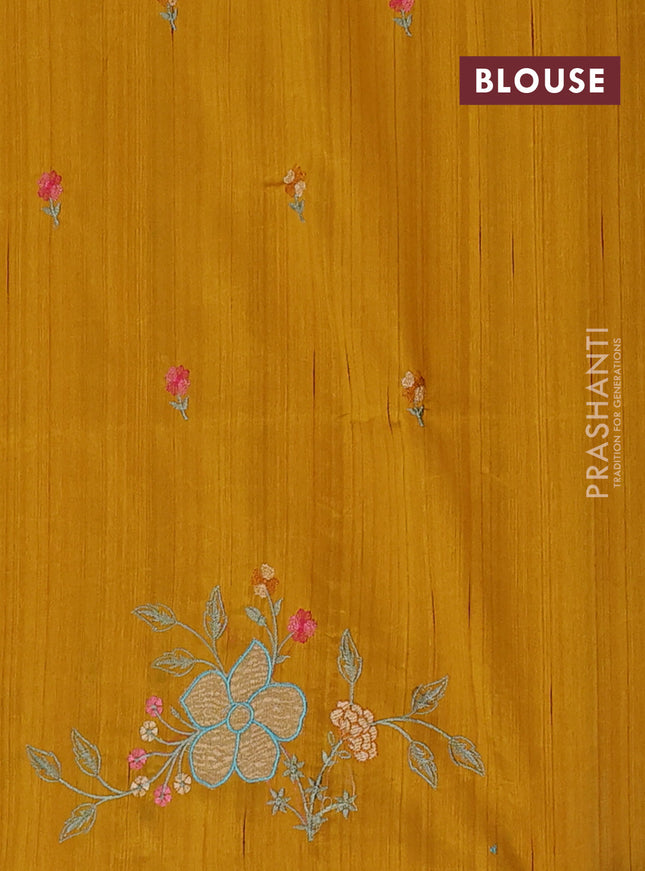 Semi raw silk saree mustard yellow with embroidery buttas and floral embroidery border
