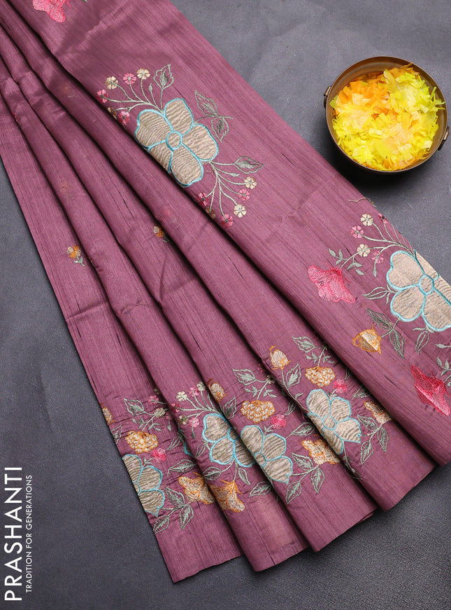 Semi raw silk saree rosy brown with embroidery buttas and floral embroidery border