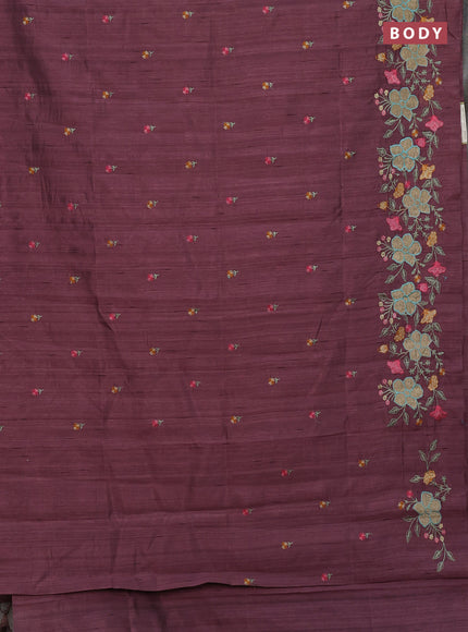 Semi raw silk saree rosy brown with embroidery buttas and floral embroidery border