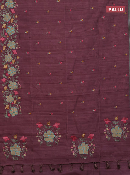 Semi raw silk saree rosy brown with embroidery buttas and floral embroidery border