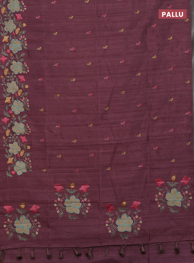 Semi raw silk saree rosy brown with embroidery buttas and floral embroidery border