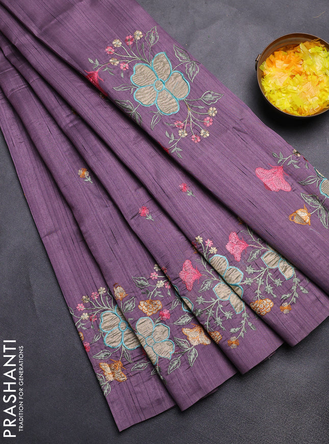 Semi raw silk saree pastel purple with embroidery buttas and floral embroidery border