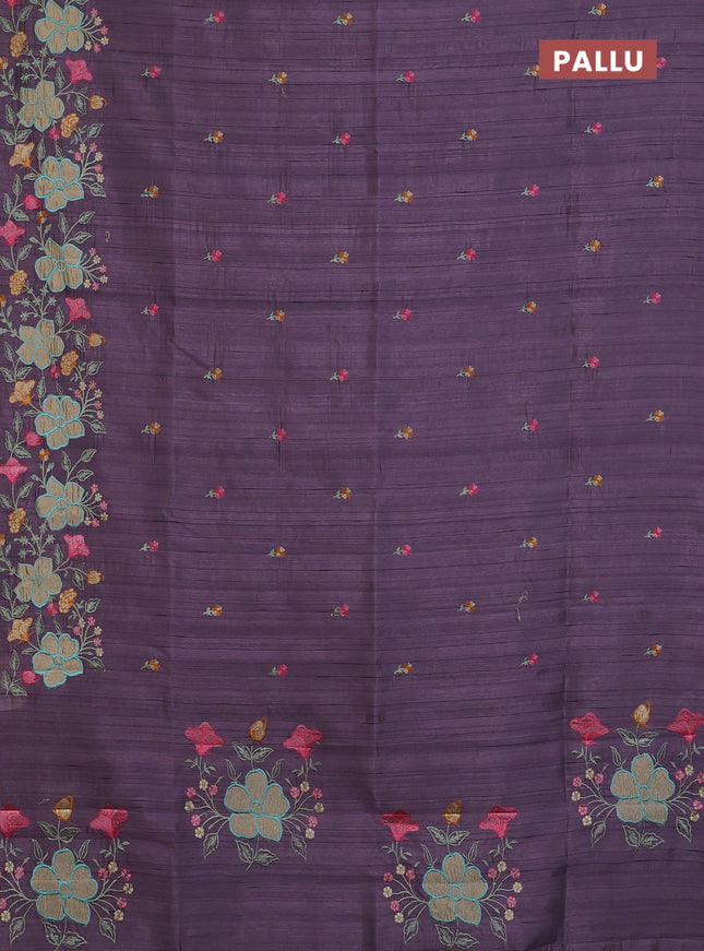 Semi raw silk saree pastel purple with embroidery buttas and floral embroidery border