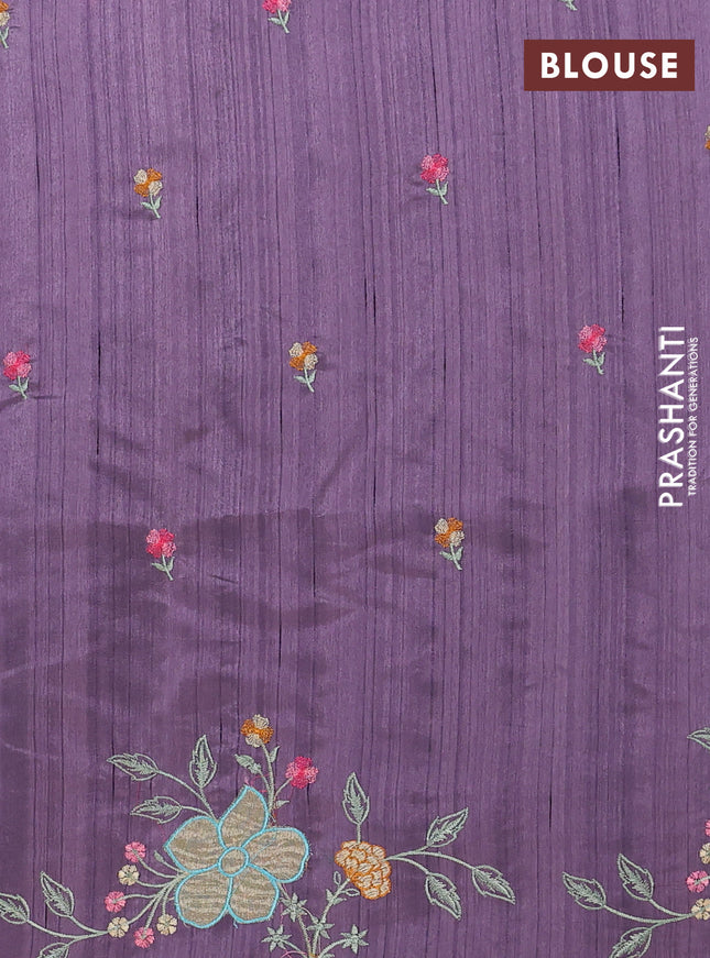 Semi raw silk saree pastel purple with embroidery buttas and floral embroidery border