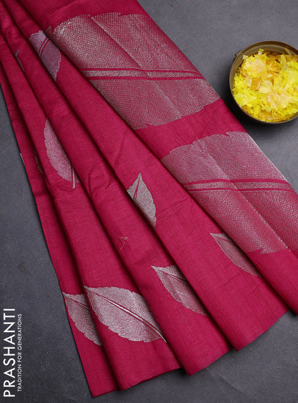 Semi raw silk saree dark pink with leaf embroidery buttas in borderless style