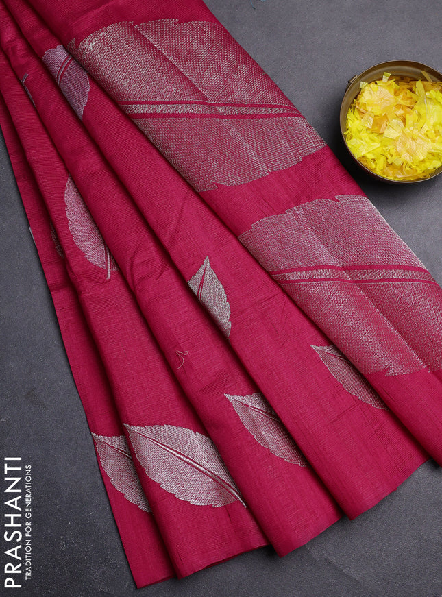 Semi raw silk saree dark pink with leaf embroidery buttas in borderless style